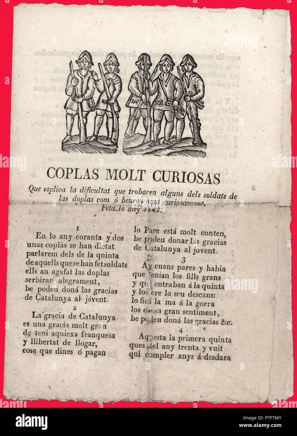 Literatura de cordel. Coplas que narran las dificultades militares de los soldados de las doplas. Barcelona, año 1842. Stock Photo