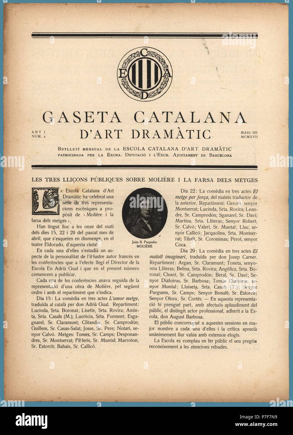 Portada de la Gaseta Catalana d'Art Dramàtic, número dos, dedicado a Moliére, editada en Barcelona, mayo de 1917. Stock Photo