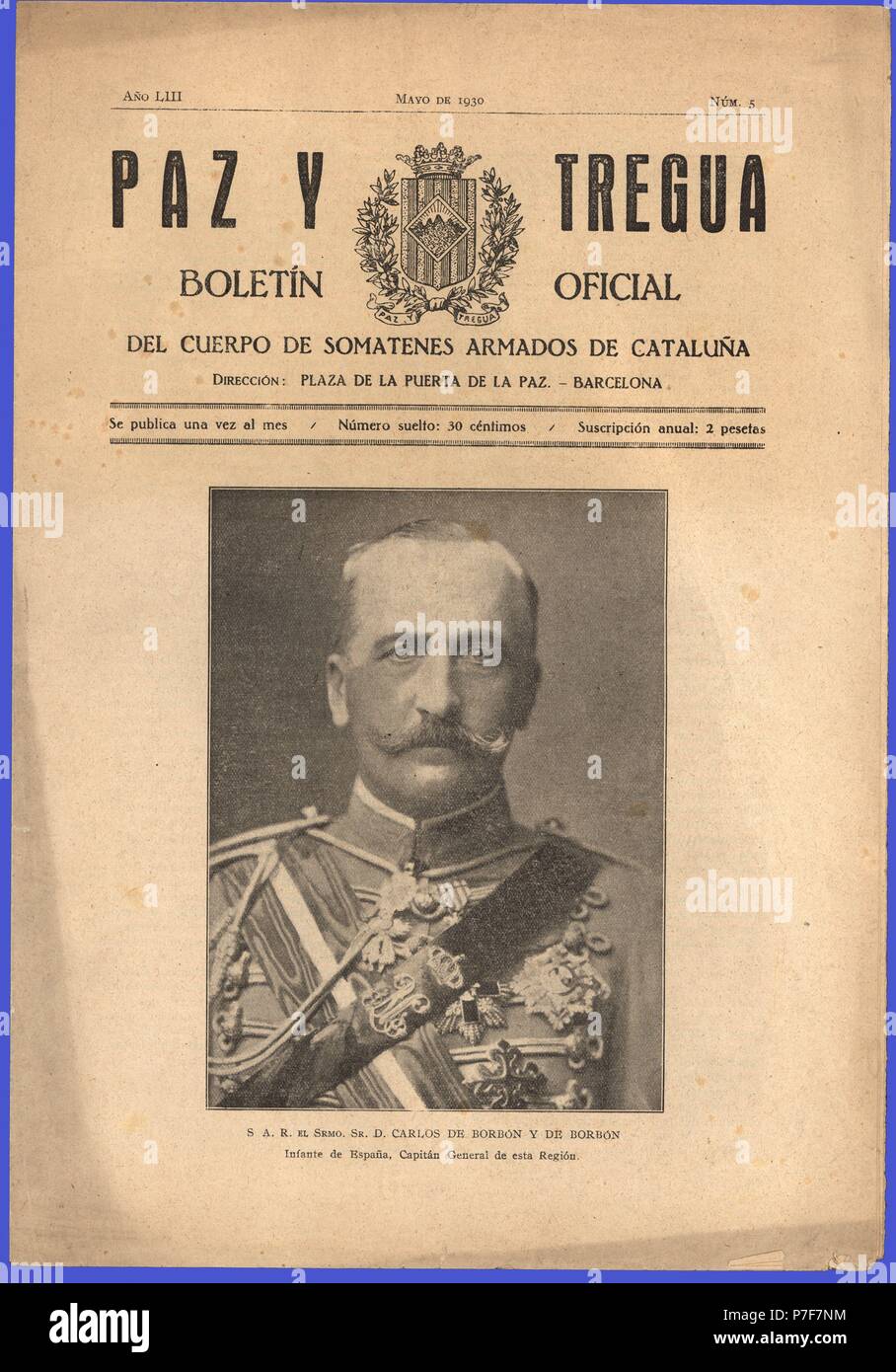 Portada de la revista Paz y Tregua, boletín mensual del cuerpo de somatenes de Catalunya. Año 1930. Stock Photo