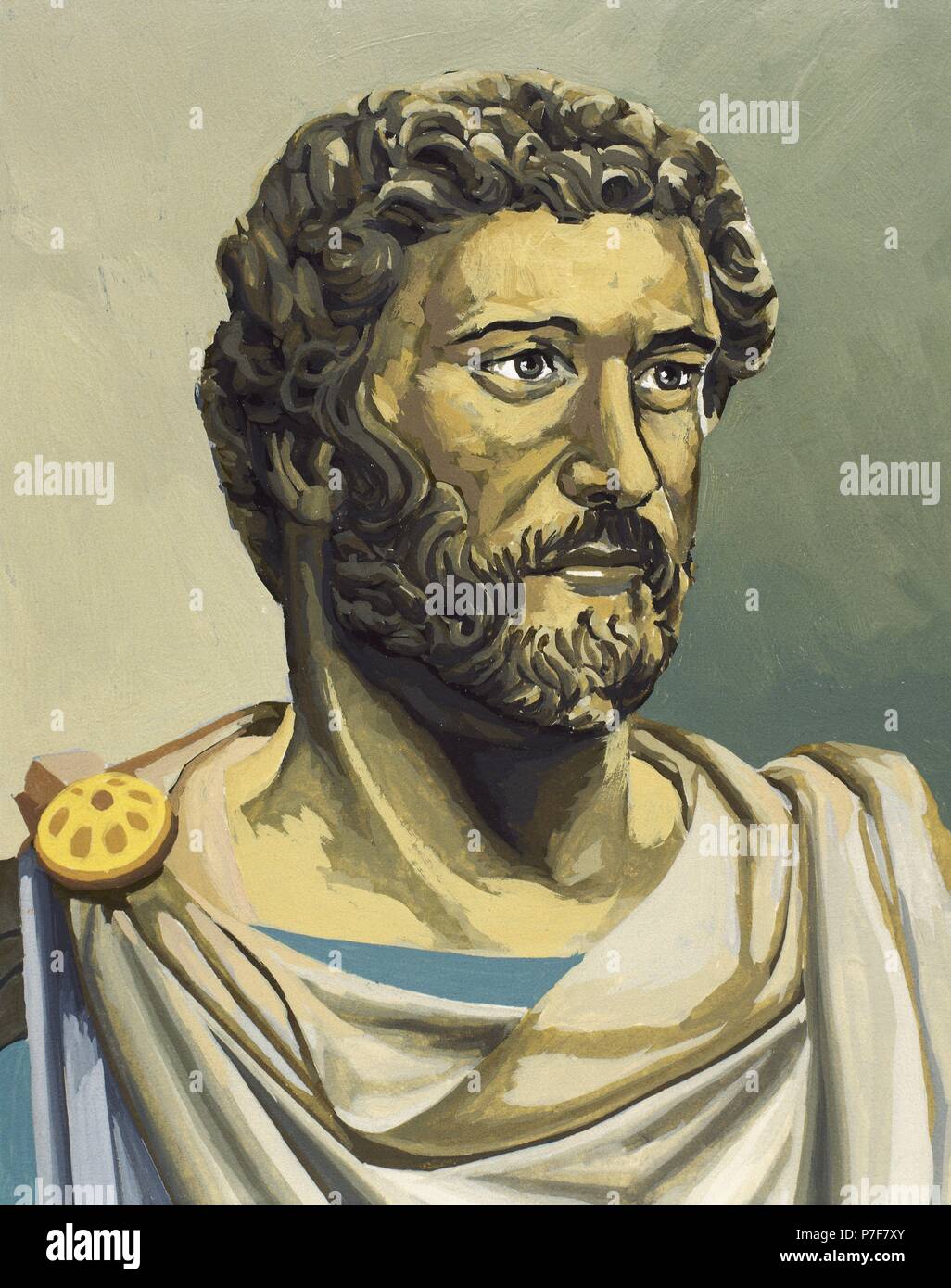 Antoninus Pius (86-161) or Antoninus. 15th  Emperor of the Roman Empire. Nerva-Antonine dynasty. Drawing by Francisco Fonollosa, late 20th century. Watercolour painting. Stock Photo