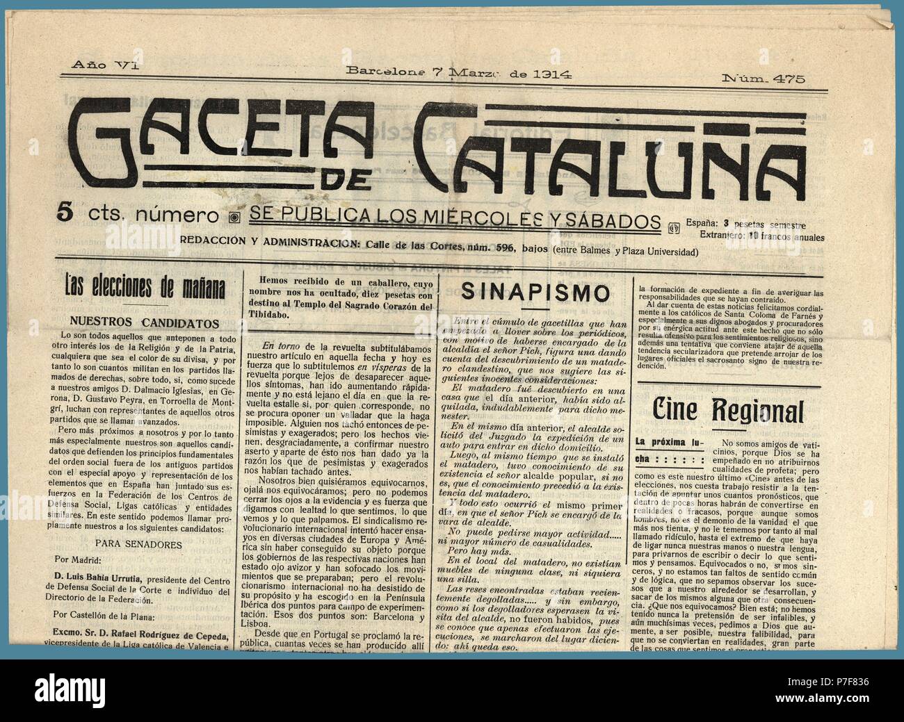 Cabecera del periódico Gaceta de Cataluña, editado en Barcelona, marzo de  1914 Stock Photo - Alamy