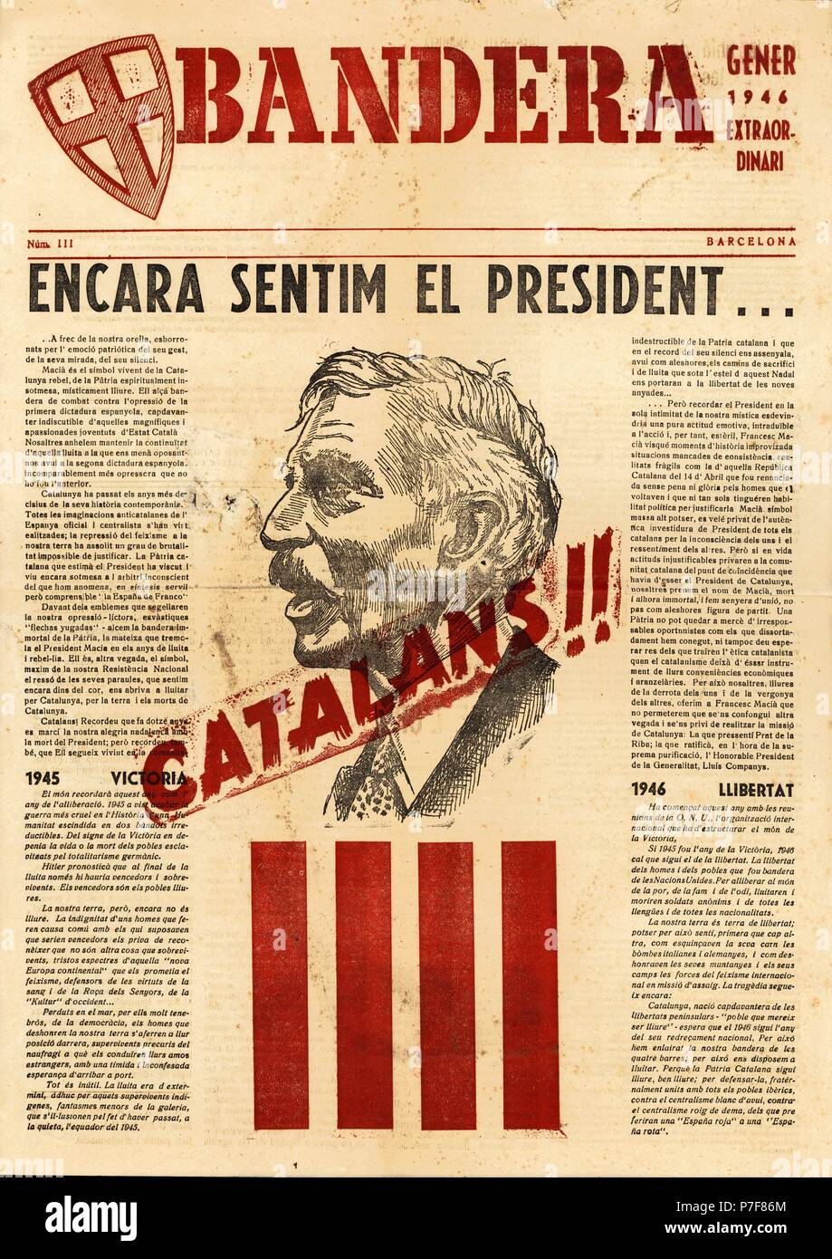 Portada de la revista clandestina Bandera, número extraordinario dedicado al presidente de la Generalitat de Catalunya Francesc Macià Llussà, editada en Barcelona, enero de 1946. Stock Photo