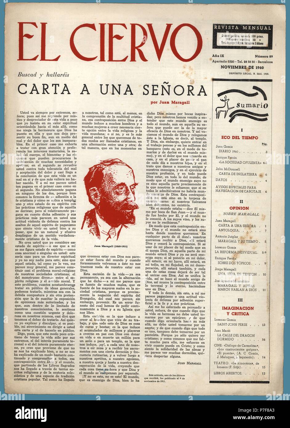 Portada de la revista mensual El Ciervo, editado en Barcelona, noviembre de 1960. Reproducción de uno de los últimos artículos publicados por el poeta Joan Maragall Gorina (1860-1911). Stock Photo