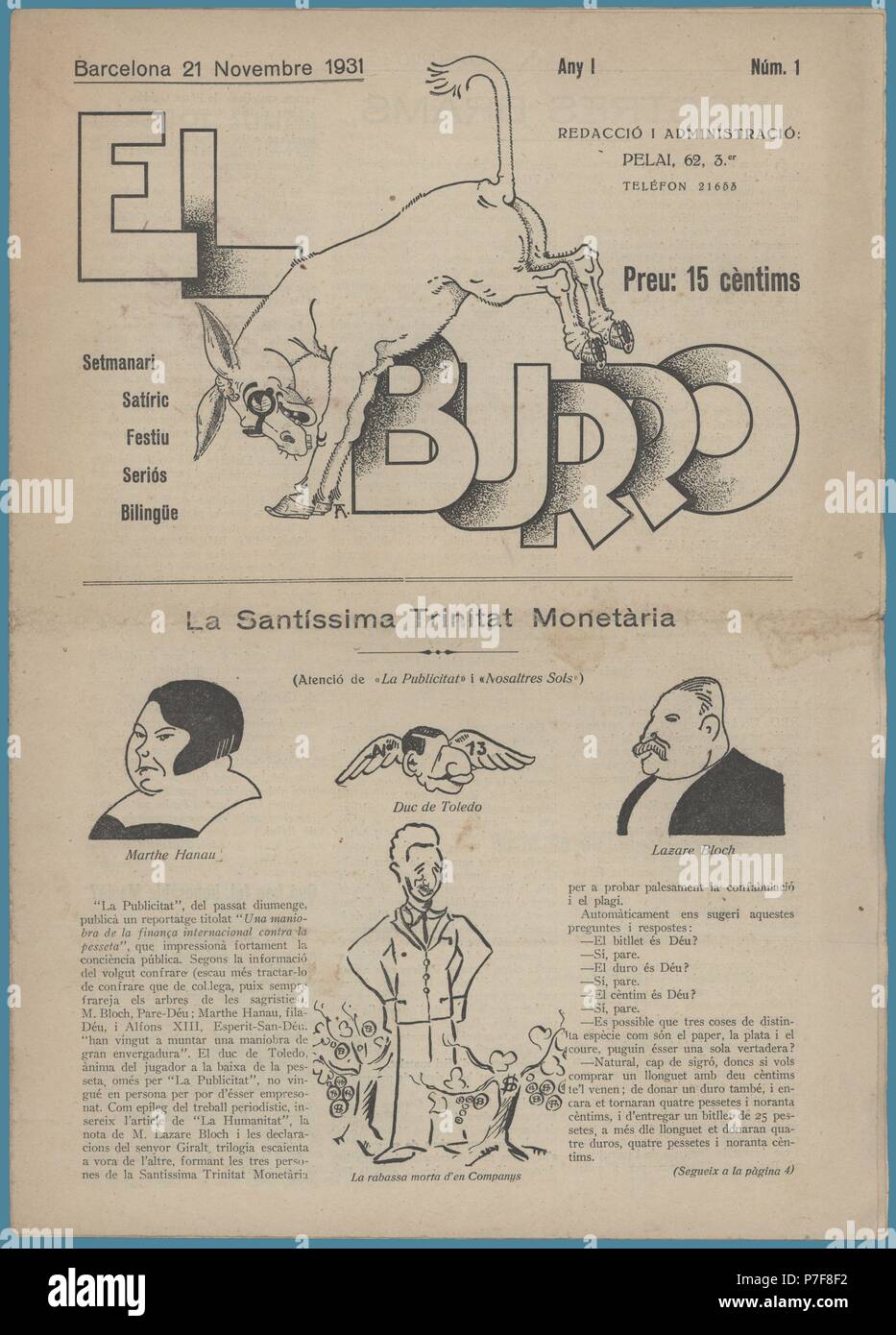 Portada del semanario satírico El burro, año uno, número uno, editado en  Barcelona, noviembre de 1931 Stock Photo - Alamy