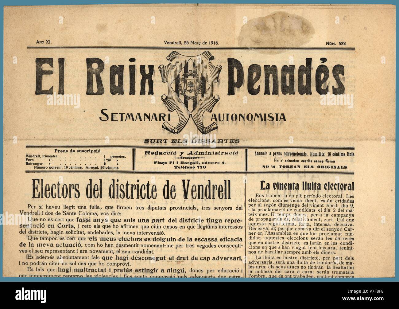 Cabecera del semanario autonomista El baix Penadés, editado en Vendrell, marzo de 1916. Stock Photo