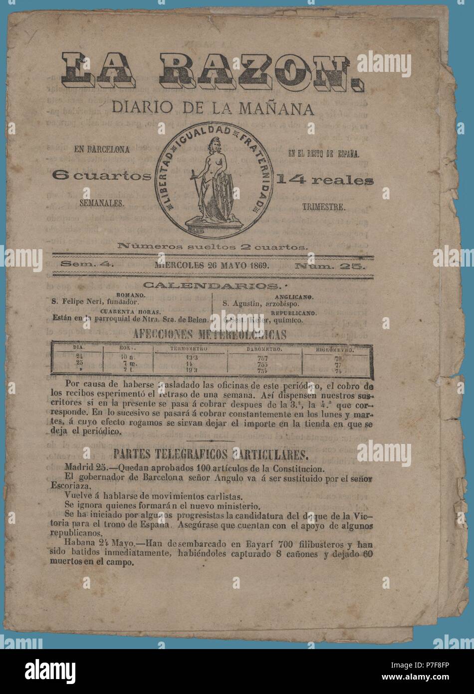 Portada del diario de la mañana La Razón, editado en Barcelona, año 1869  Stock Photo - Alamy