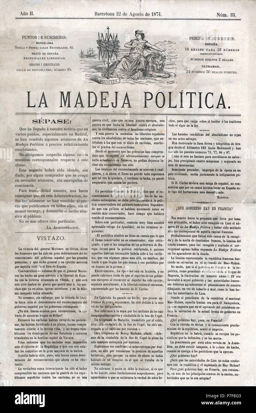 Portada de la revista satírica política La Madeja Política, editada en Barcelona, agosto de 1874. Stock Photo