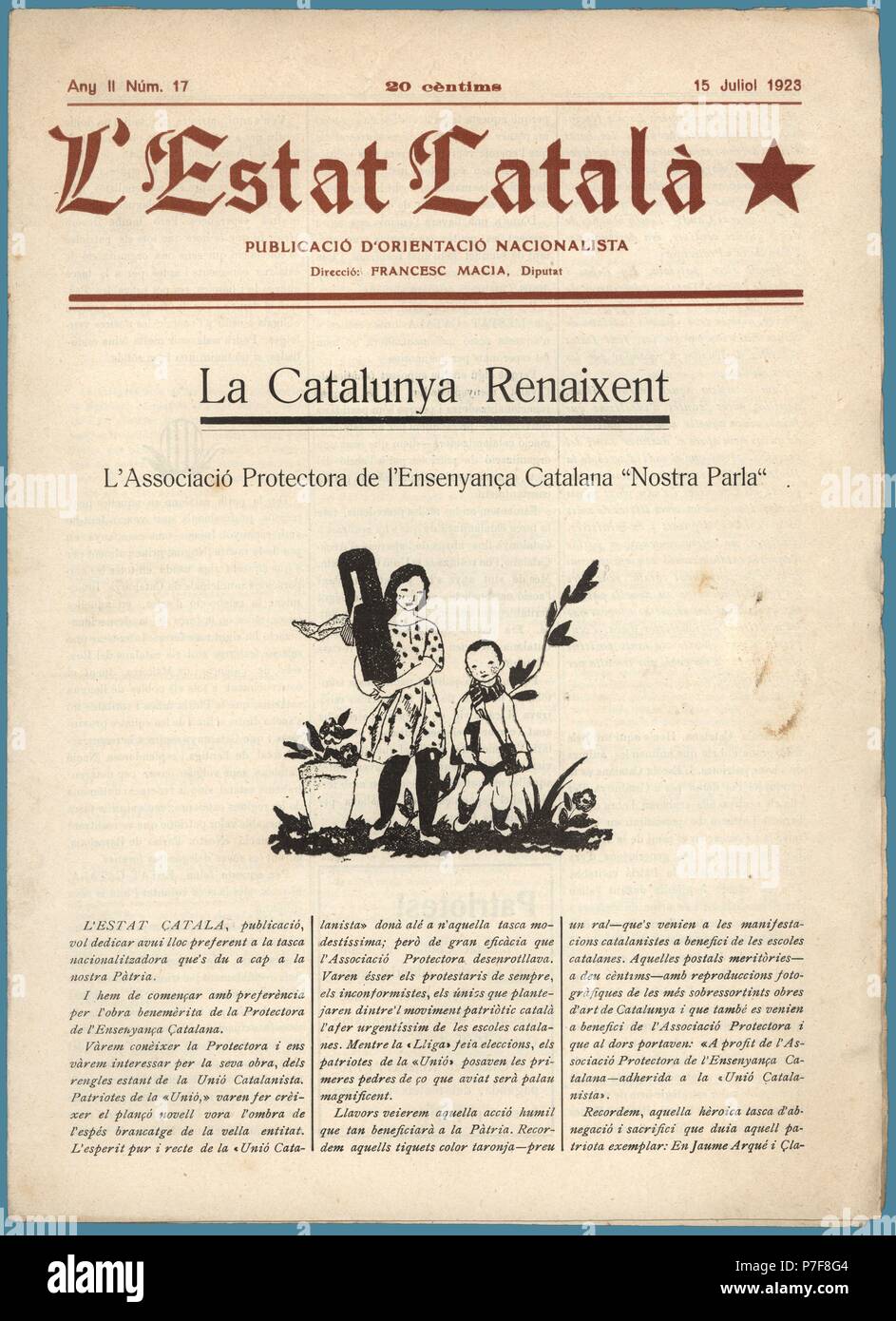 Portada de la revista mensual Estat Català, dirigida por Francesc Macià, editada en Barcelona, julio de 1923. Stock Photo