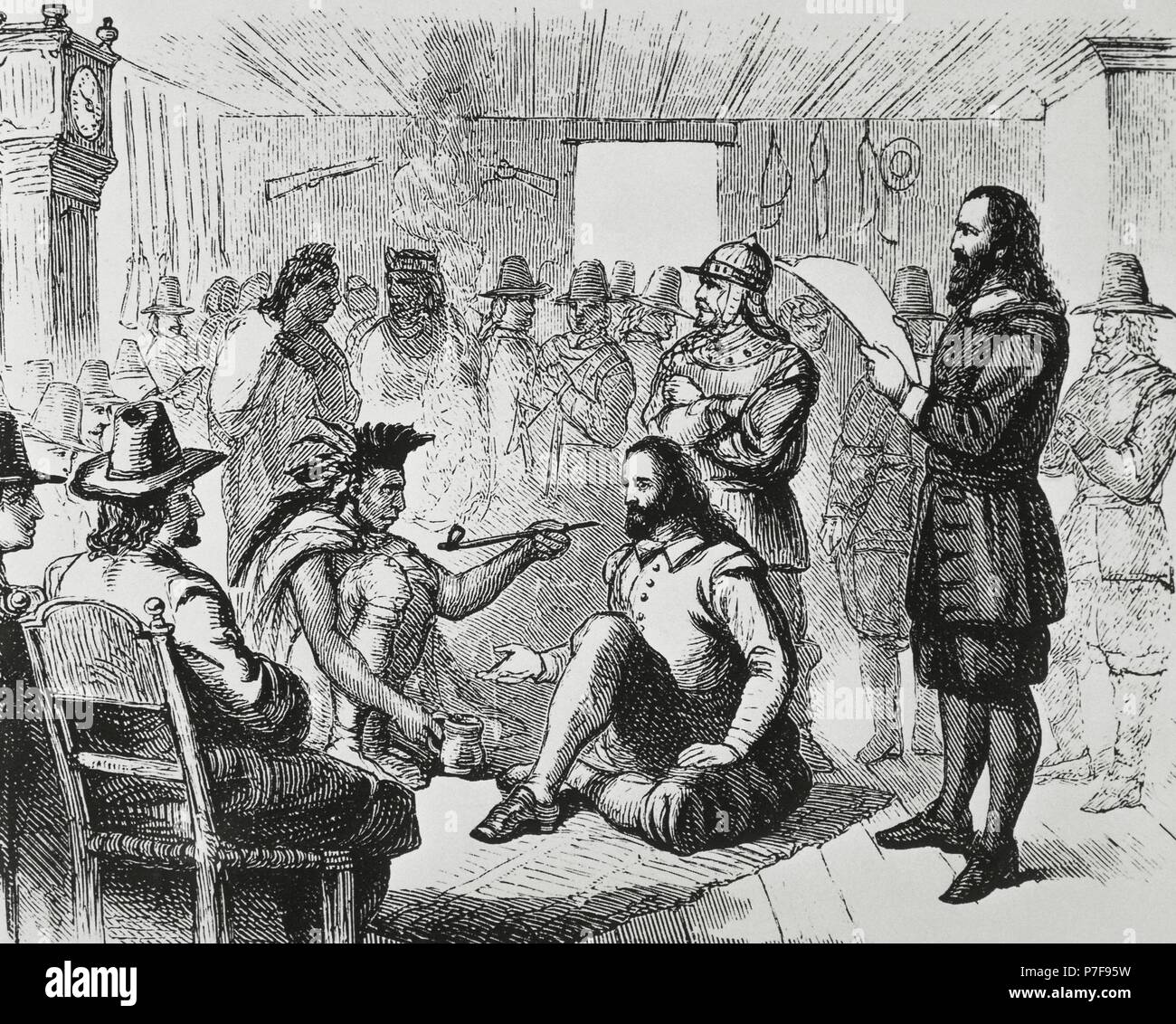 Colonization of North America (1607-1755). Massasoit (c. 1581-1661), sachem of the Wampanoags, smoking a ceremonial pipe with the Plymouth Colony Governor, John Carver (before 1584-1621). Plymouth 1621. Engraving. Stock Photo