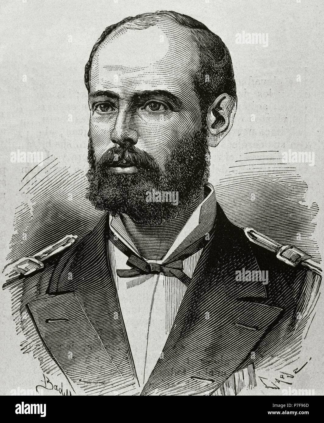 Arturo Prat (1848-1879). Chilean lawyer and navy officer. He died after boarding the Peruvian Huascar at the Naval Battle of Iquique after the ship under his command, the Esmeralda, was rammed. Portrait. Engraving by Capuz in "La Ilustracion Espanola y Americana". Stock Photo