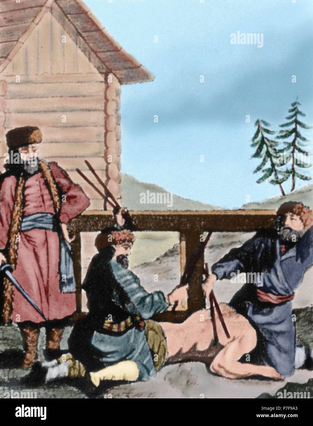 HISTORIA DE LA RUSIA ZARISTA. SERVIDUMBRE. 'EL CASTIGO POR APALEAMIENTO A UN SIERVO'. Grabado del siglo XVIII. Coloreado. Stock Photo