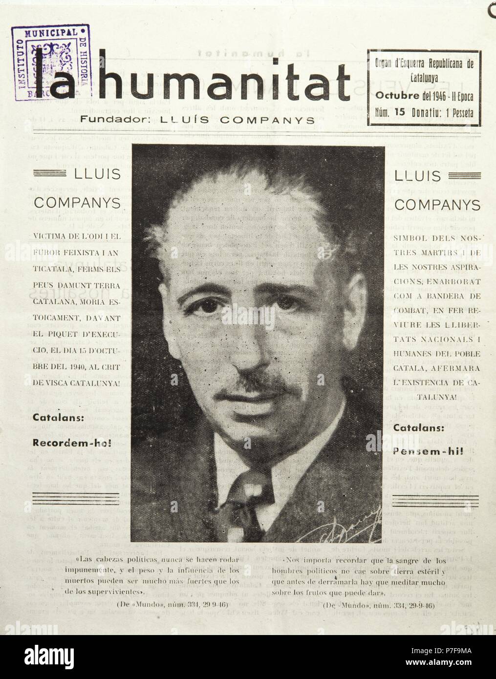RETRATO DE LLUIS COMPANYS EN EL PERIODICO LA HUMANITAT, 1946. FUNDADO ...