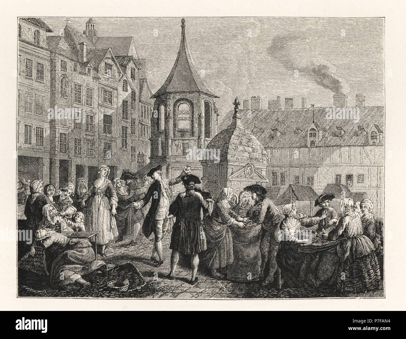 The Marche des Innocents with the Fontaine des Innocents (now place Joachim-du-Bellay, Les Halles), Paris. Lithograph after Etienne Jeaurat from Paul Lacroix' The Eighteenth Century: Its Institutions, Customs, and Costumes, London, 1876. Stock Photo