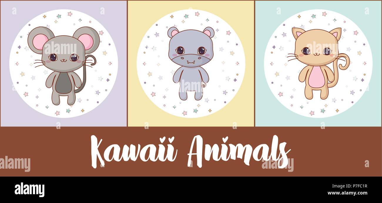 icon set of kawaii animals over colorful squares, vector illustration Stock Vector