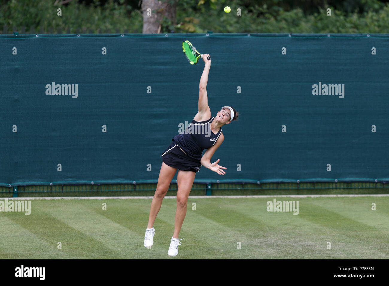 Jennifer Brady, American tennis player, serves during a match. Tennis serve, female tennis. Stock Photo
