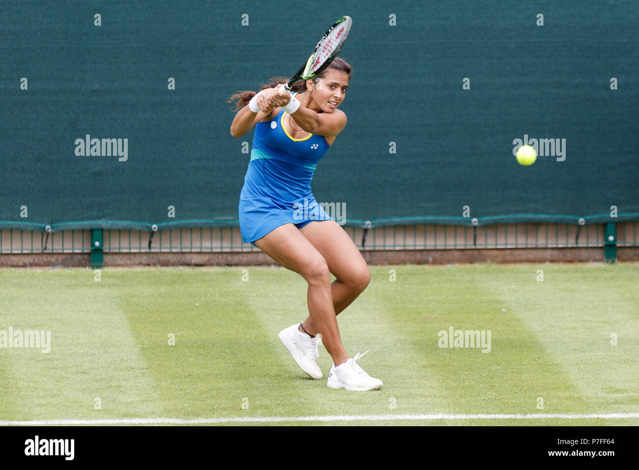 Ankita Raina plays a shot while in action at the 2018 Nature Valley Classic in Birmingham, UK. Stock Photo