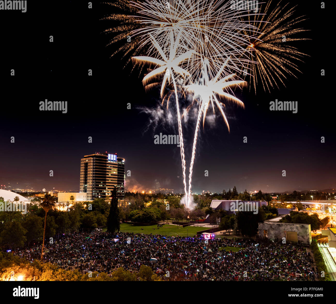 People gather to watch the fireworks in Discovery Meadow Park in San