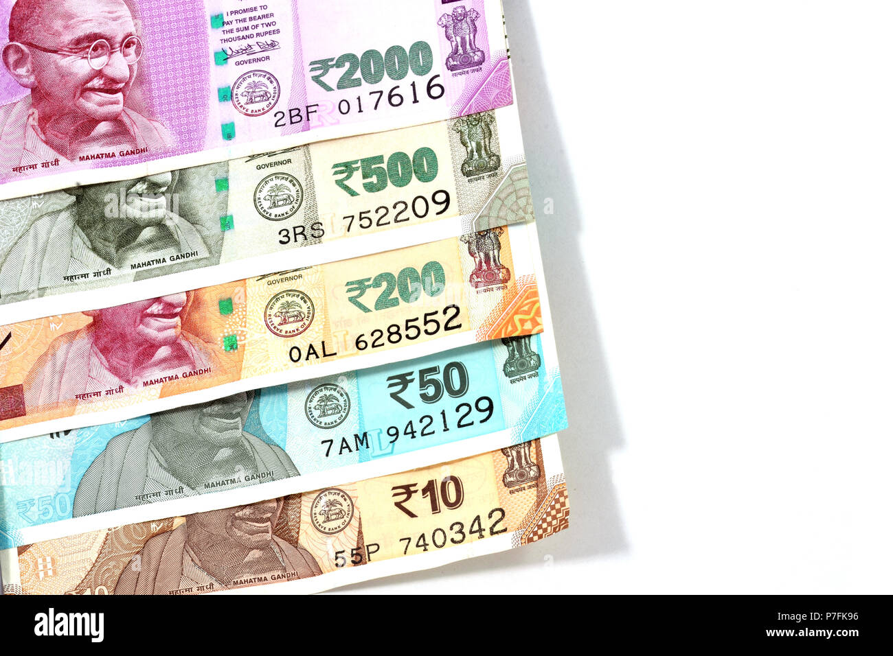 .New Indian currency of 2000,500,200,50 and 10 rupee notes Stock Photo