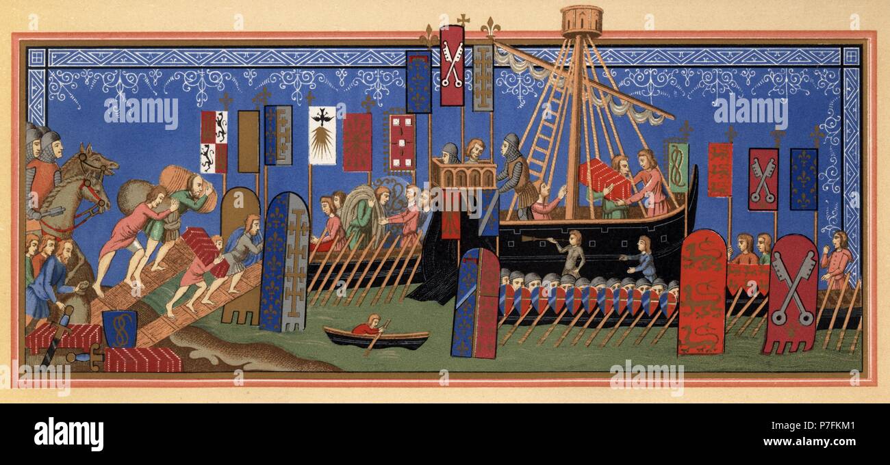Embarque de los caballeros de la orden del Santo Espíritu para una cruzada. Miniatura del siglo XVI, museo del Louvre. Facsímil de 1877. Stock Photo