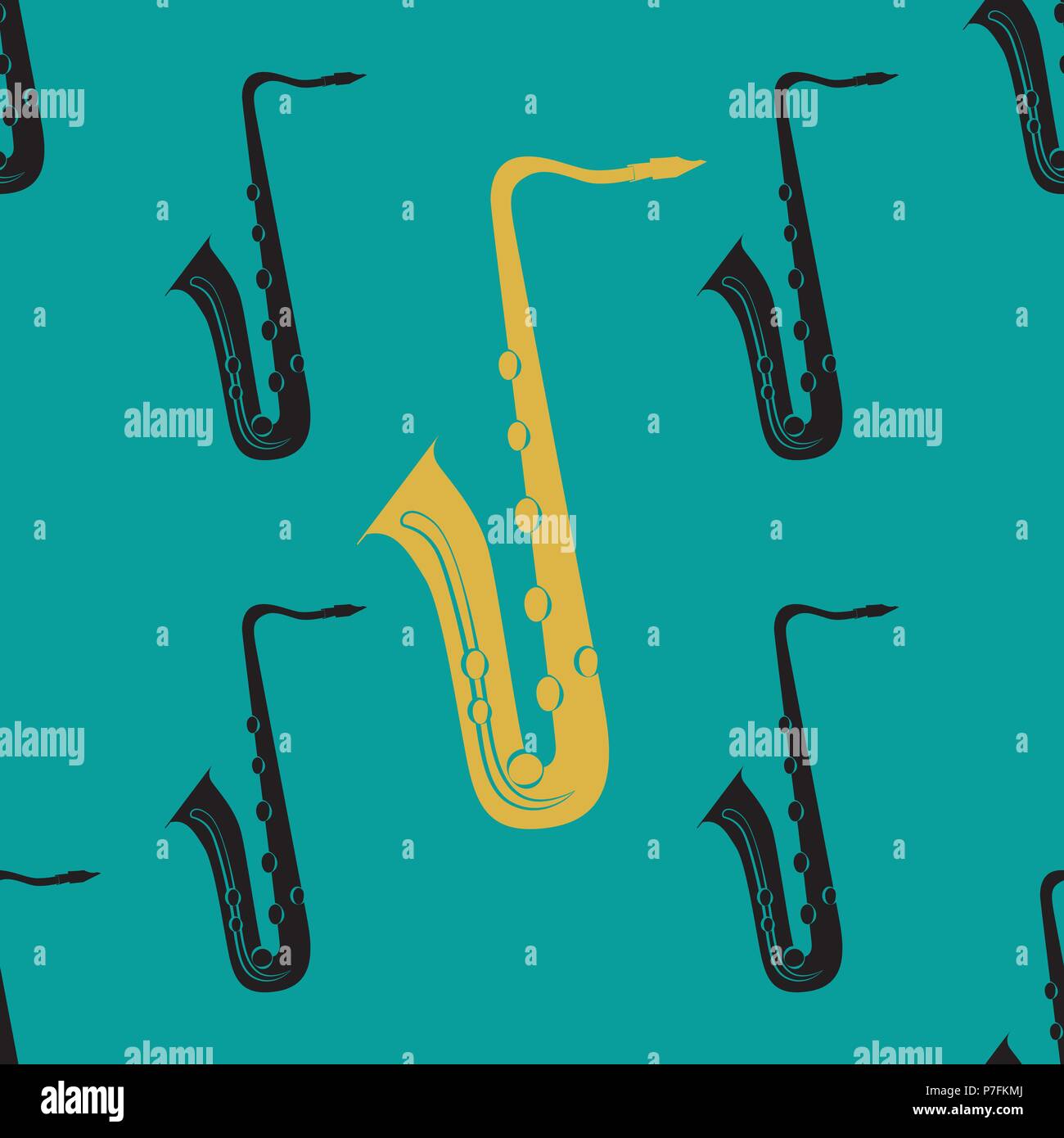 Jazz concept. Saxophone. Seamless pattern. Black and yellow elements. Green background Stock Vector