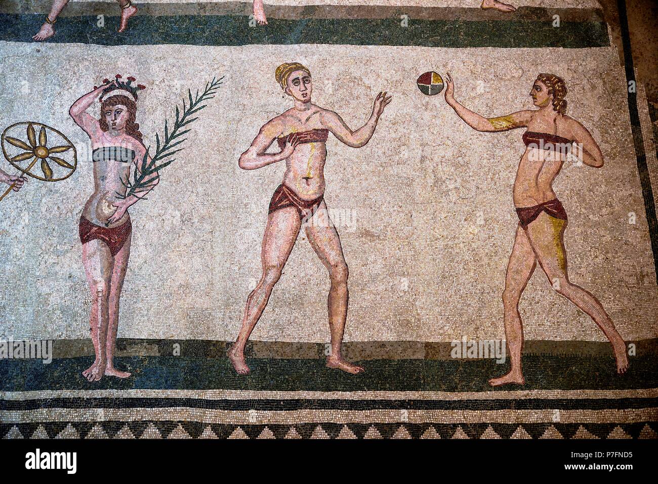 Floor mosaic of three women in bikini, Hall of the Bikini Girls, Villa Romana del Casale, Roman villa from the 4th century AD Stock Photo