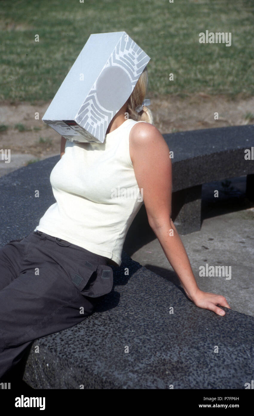 Anonymous, Woman with shoebox as sun protection, Berlin, Germany Stock Photo