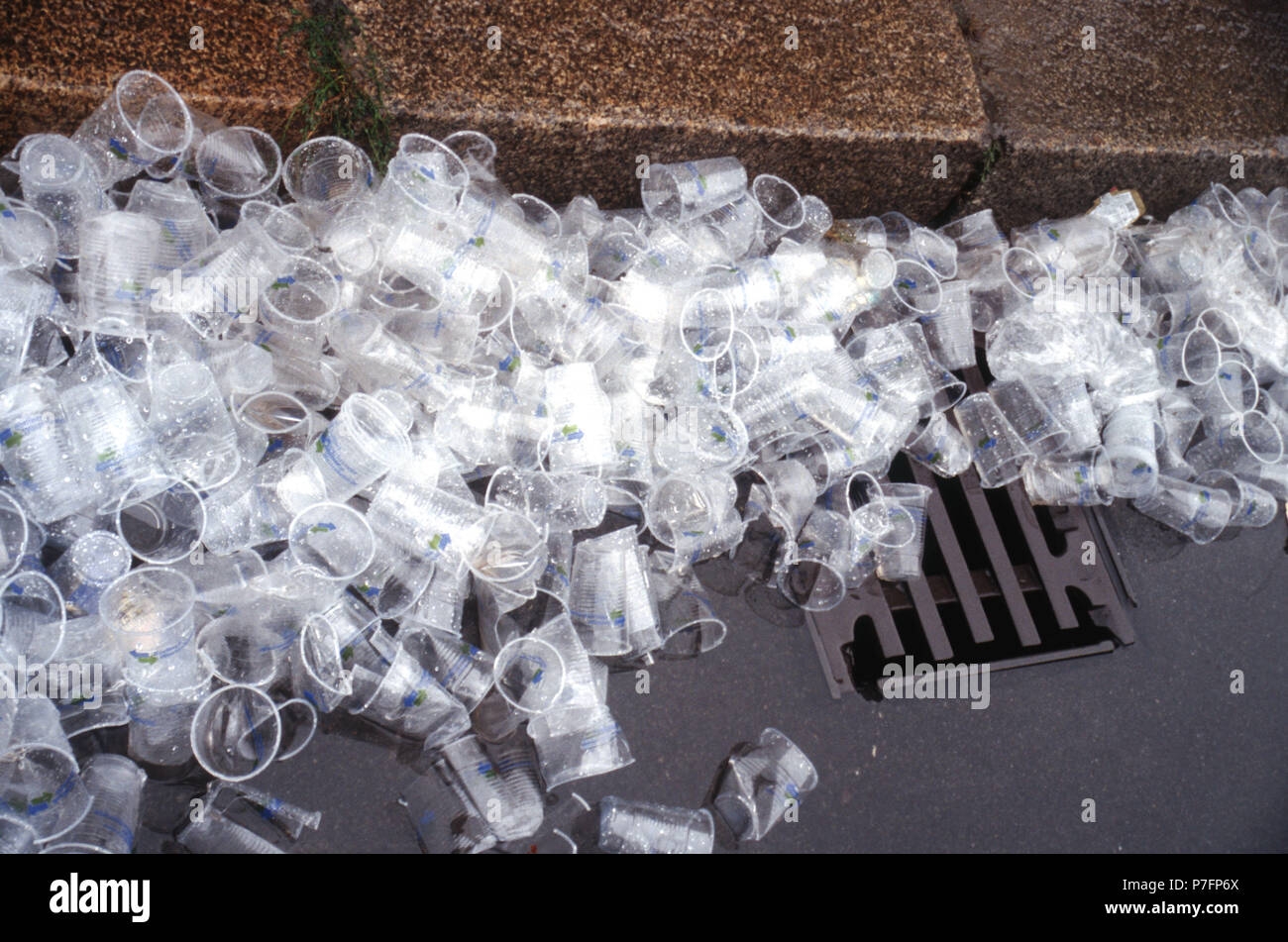 Plastic cups in the gutter, garbage, Berlin, Germany Stock Photo