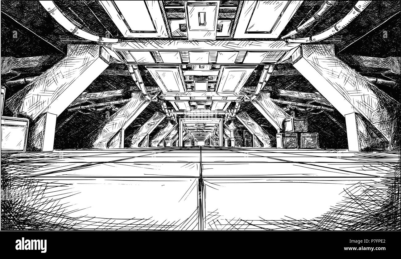 Concept Art Cartoon Drawing of Abstract Sci Fi Futuristic Space Ship Corridor Design. Stock Vector