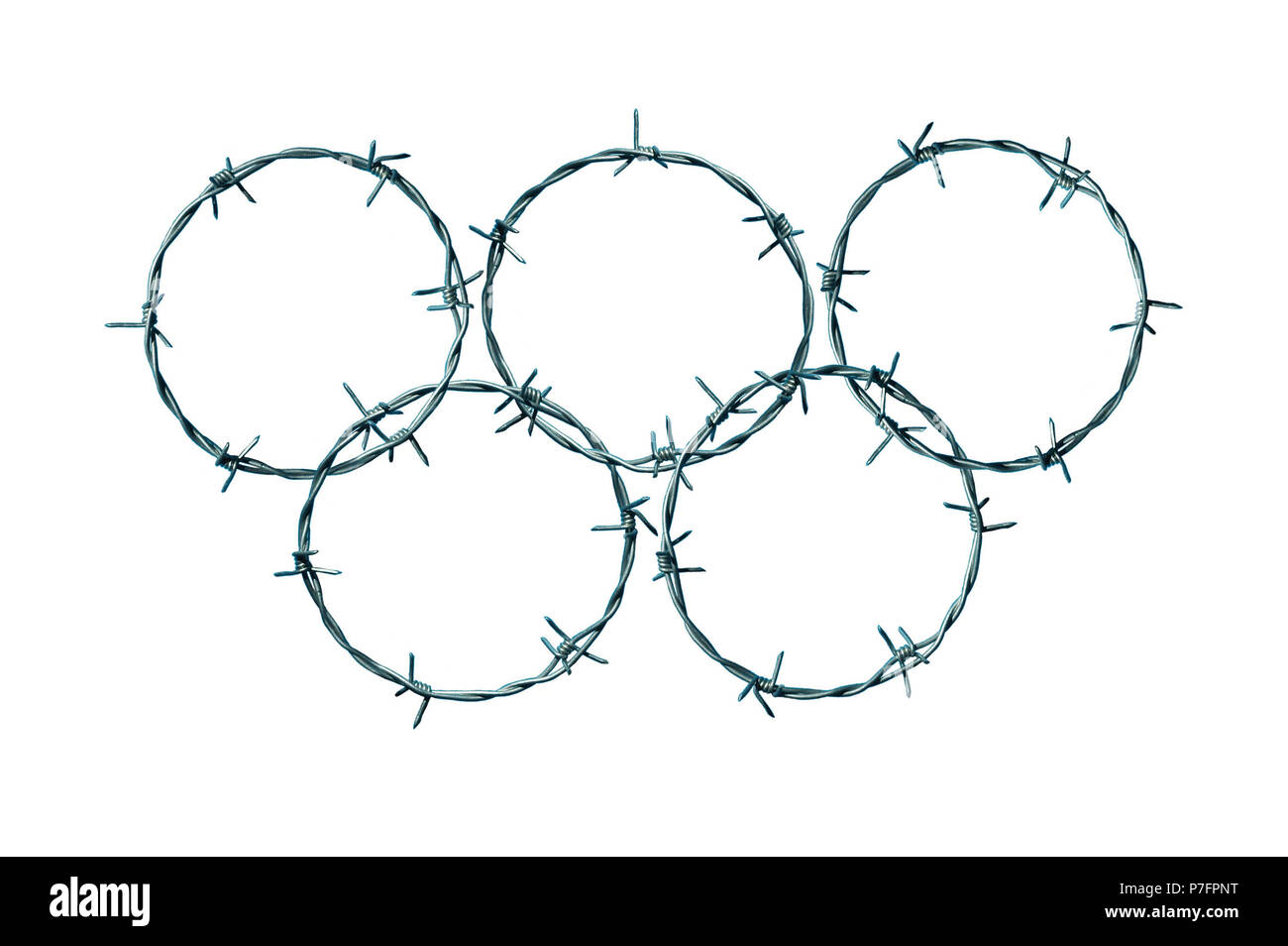 Olympic rings made of barbed wire, symbol picture for repression and human rights, studio shot, cutout Stock Photo