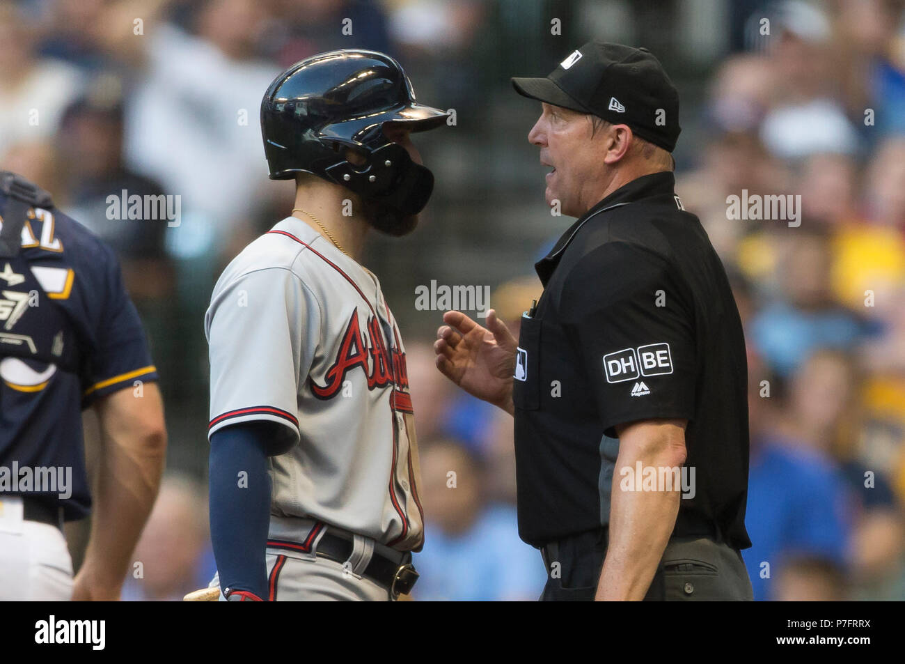 Milwaukee, WI, USA. 5th July, 2018. Atlanta Braves center fielder Ender Inciarte #11 argues a call with home plate umpire Jeff Kellogg during the Major League Baseball game between the Milwaukee Brewers and the Atlanta Braves at Miller Park in Milwaukee, WI. John Fisher/CSM/Alamy Live News Stock Photo