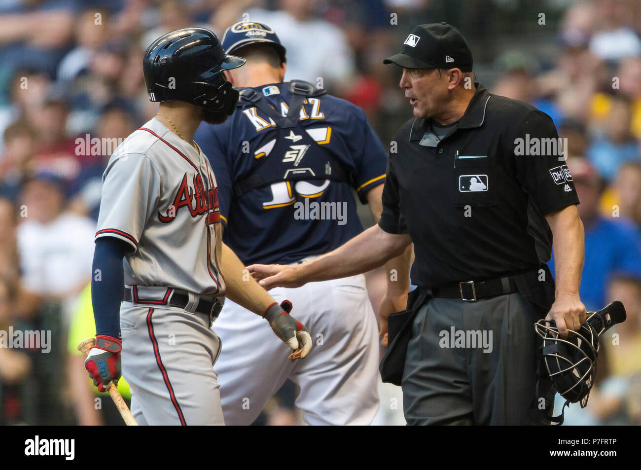 Milwaukee, WI, USA. 5th July, 2018. Atlanta Braves center fielder Ender Inciarte #11 argues a call with home plate umpire Jeff Kellogg during the Major League Baseball game between the Milwaukee Brewers and the Atlanta Braves at Miller Park in Milwaukee, WI. John Fisher/CSM/Alamy Live News Stock Photo