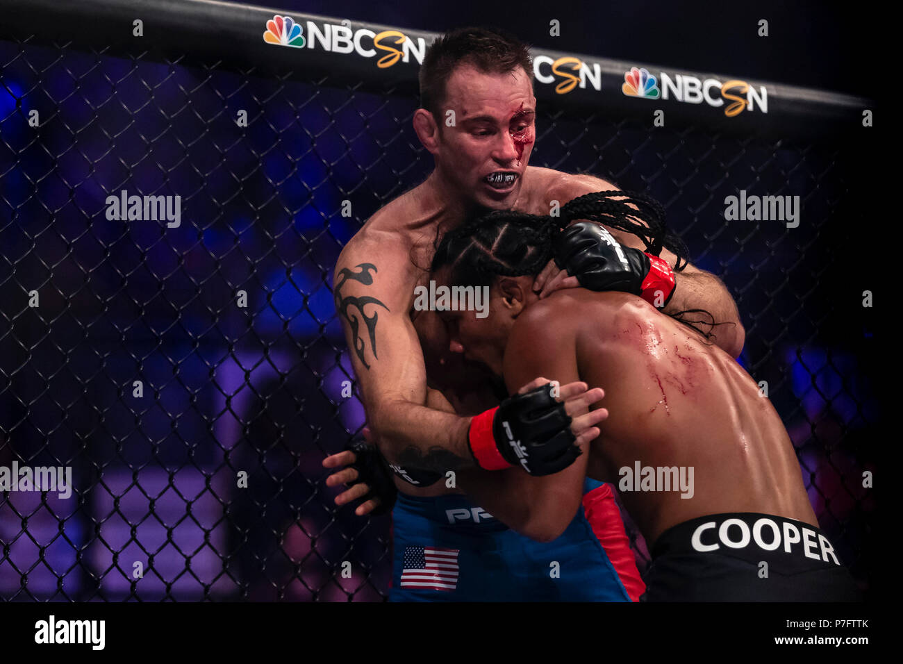 Columbia. 05th July, 2018. Jake Shields and Ray Cooper III in action during their welterweight fight at the Charles E. Smith Center at George Washington University in Washington, District of Columbia. Cooper defeated Shields by TKO. Scott Taetsch/CSM/Alamy Live News Stock Photo