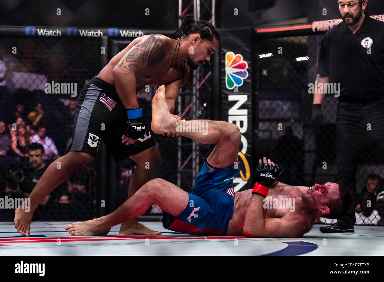 Columbia. 05th July, 2018. Jake Shields and Ray Cooper III in action during their welterweight fight at the Charles E. Smith Center at George Washington University in Washington, District of Columbia. Cooper defeated Shields by TKO. Scott Taetsch/CSM/Alamy Live News Stock Photo
