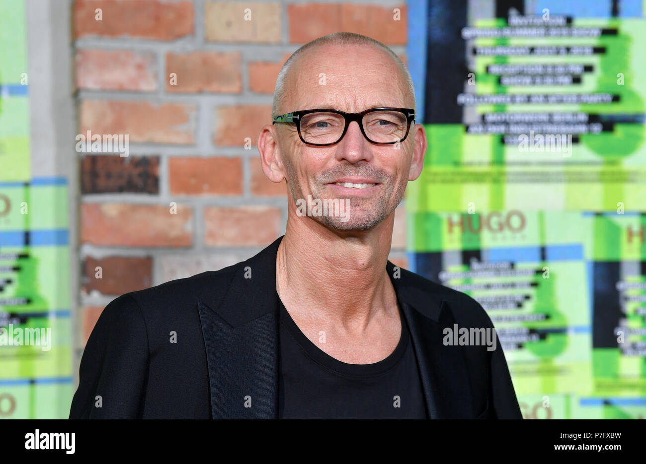 Berlin, Germany. 05th July, 2018. Ingo Wilts, Chief Brand Officer at HUGO  BOSS, arrives for the presentation of the HUGO mens and womens  Spring/Summer 2019 collection at the Motorwerk Weissensee. The Spring/Summer
