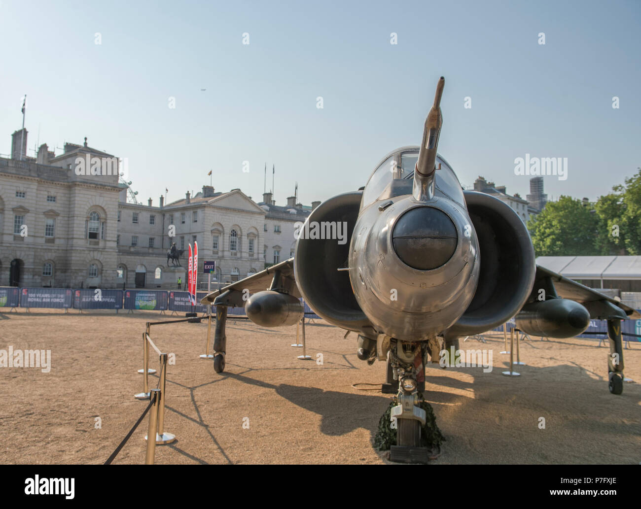 Horse Guards Parade, London, UK. 6 July, 2018. RAF100, an exhibition of aircraft covering the RAF’s history, from WW1 and WW2 through to the modern age are displayed at Horse Guards Parade in central London, open to the public from 11.00am on 6th till 9th July 2018. Static display of a VTOL Harrier GR3, the famous jump jet and veteran of the Falklands War. Credit: Malcolm Park/Alamy Live News. Stock Photo