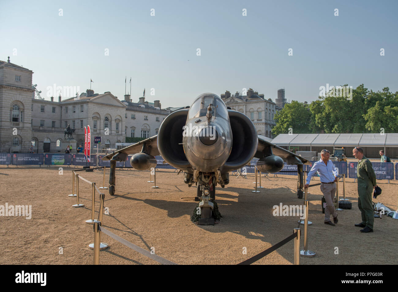 Horse Guards Parade, London, UK. 6 July, 2018. RAF100, an exhibition of aircraft covering the RAF’s history, from WW1 and WW2 through to the modern age are displayed at Horse Guards Parade in central London, open to the public from 11.00am on 6th till 9th July 2018. Harrier GR3, the famous British vertical takeoff jump jet and veteran of the Falklands War. Credit: Malcolm Park/Alamy Live News. Stock Photo