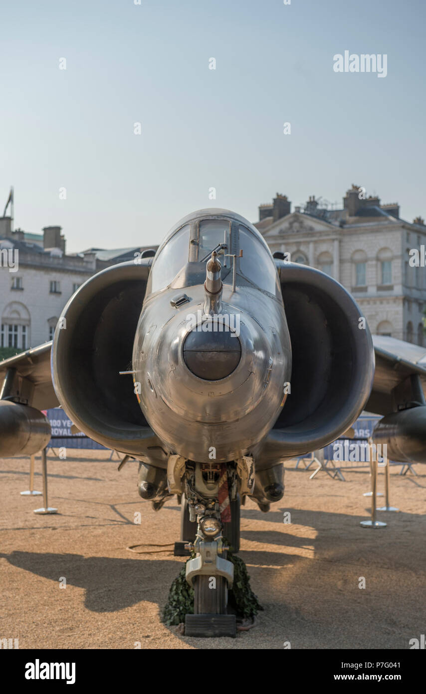 Horse Guards Parade, London, UK. 6 July, 2018. RAF100, an exhibition of aircraft covering the RAF’s history, from WW1 and WW2 through to the modern age are displayed at Horse Guards Parade in central London, open to the public from 11.00am on 6th till 9th July 2018. Harrier GR3, the famous British vertical takeoff jump jet and veteran of the Falklands War. Credit: Malcolm Park/Alamy Live News. Stock Photo