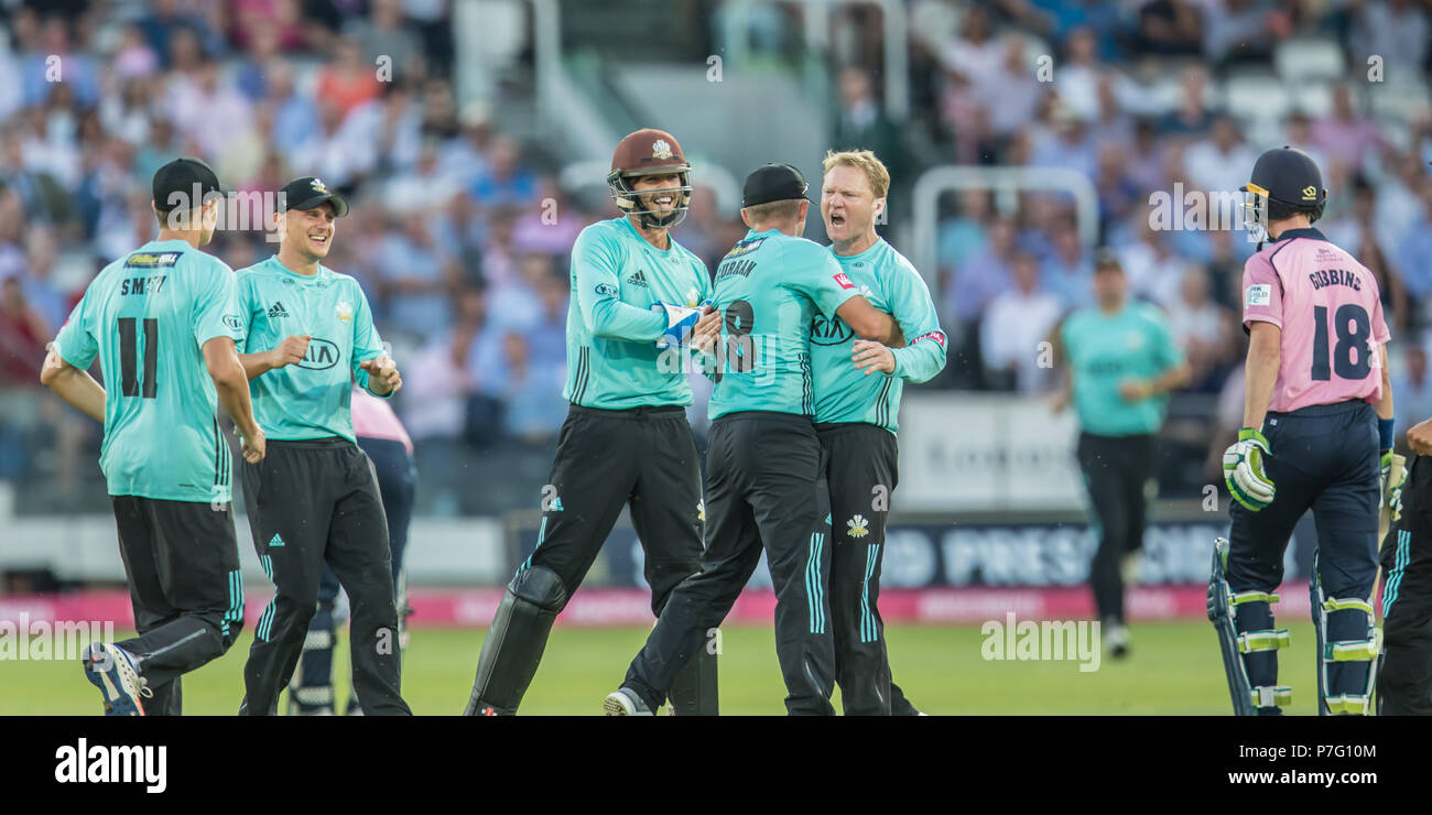 London, UK. 5 July, 2018. Surrey celebrate after Gareth Batty takes the wicket of Nick Gubbins. Middlesex v Surrey in the Vitality Blast T20 cricket match at Lords. David Rowe/Alamy Live News Stock Photo