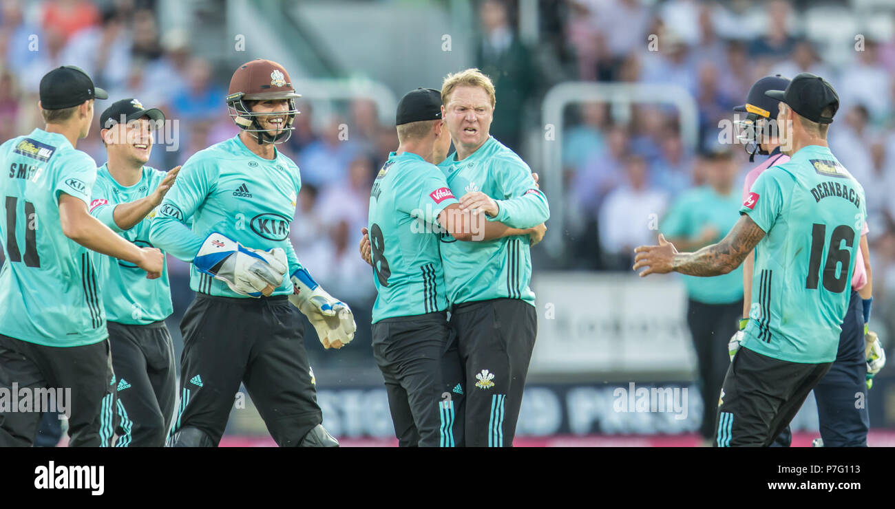 London, UK. 5 July, 2018. Surrey celebrate after Gareth Batty takes the wicket of Nick Gubbins. Middlesex v Surrey in the Vitality Blast T20 cricket match at Lords. David Rowe/Alamy Live News Stock Photo