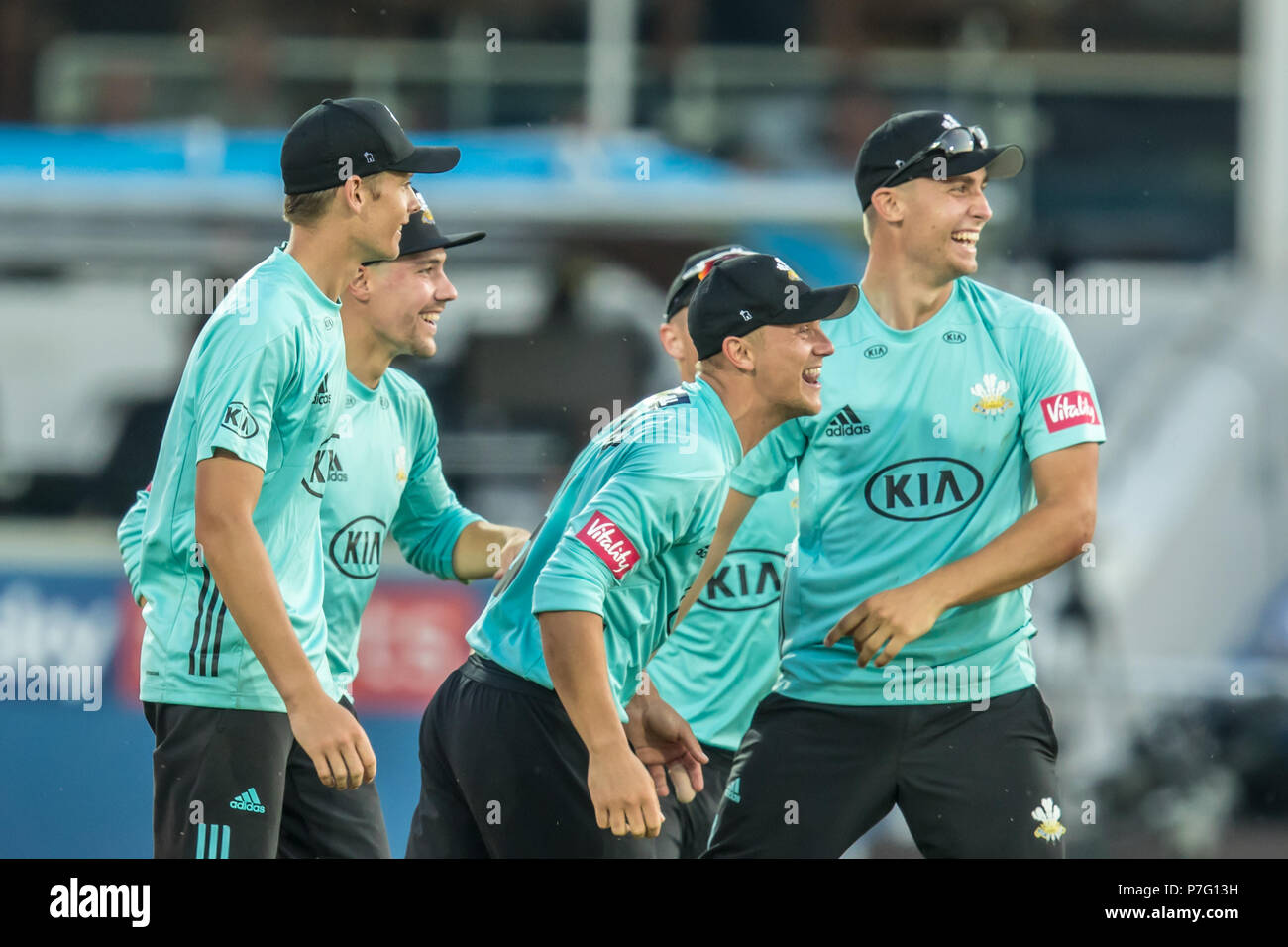 London, UK. 5 July, 2018.  The Surrey team celebrate ( L-R: Jamie Smith, Rory Burns, Scott Borthwick and Will Jacks] after Will Jacks holds on to a low catch on the boundary and Eskinazi  is out off the bowling of Morne Morkel. Middlesex v Surrey in the Vitality Blast T20 cricket match at Lords. David Rowe/Alamy Live News Stock Photo