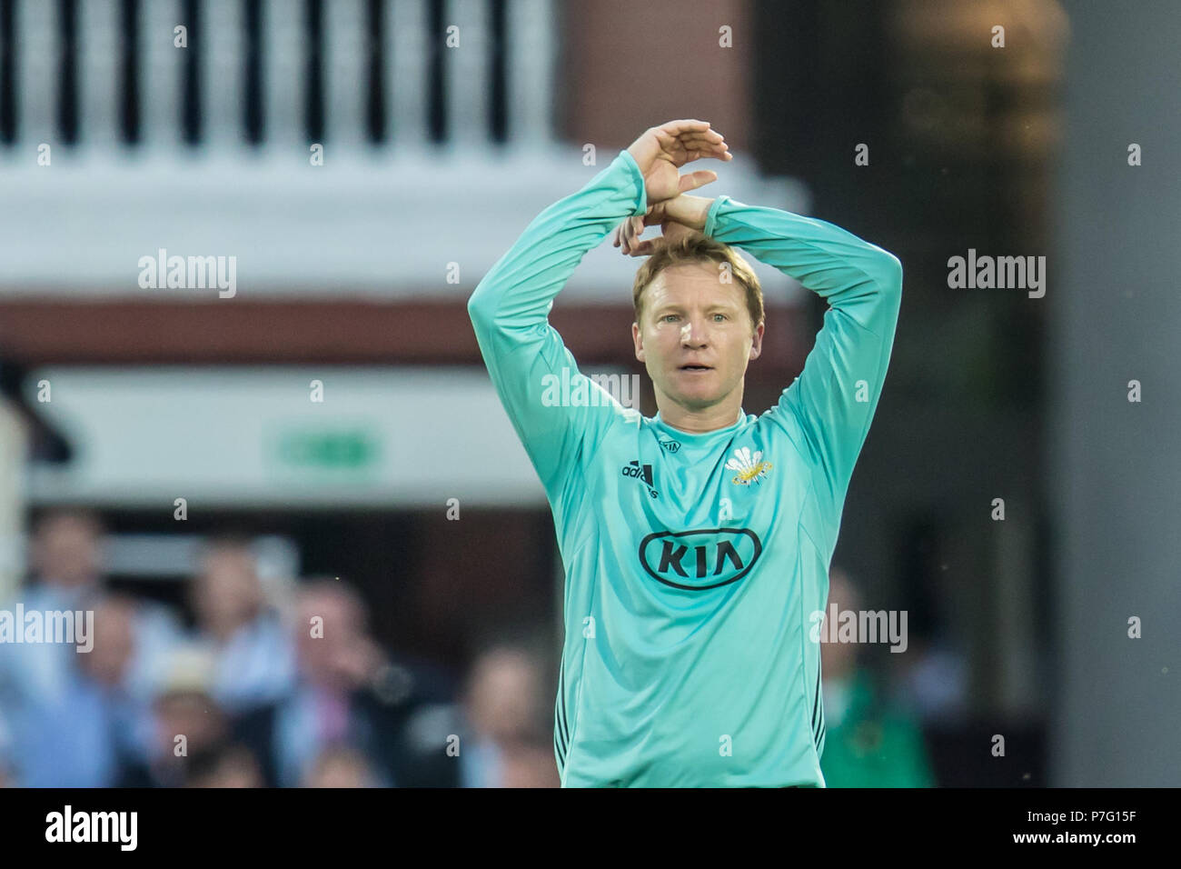 London, UK. 5 July, 2018. Gareth Batty bowling for Surrey against Middlesex in the Vitality Blast T20 cricket match at Lords. David Rowe/Alamy Live News Stock Photo