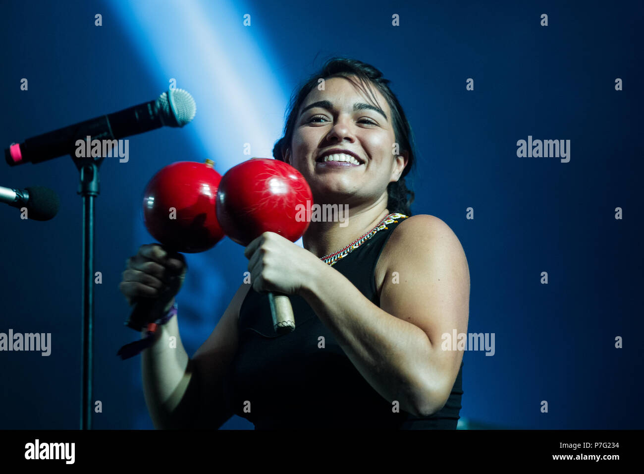 Denmark, Roskilde - July 5, 2018. The Colombian electronic music act El Leopardo performs a live concert during the Danish music festival Roskilde Festival 2018. (Photo credit: Gonzales Photo - Peter Troest). Credit: Gonzales Photo/Alamy Live News Stock Photo