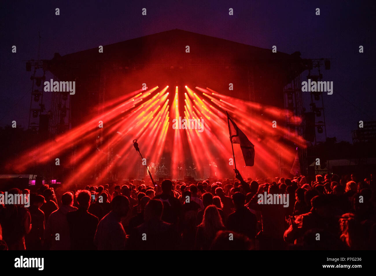 Denmark, Roskilde - July 5, 2018. The Colombian electronic music act El Leopardo performs a live concert during the Danish music festival Roskilde Festival 2018. (Photo credit: Gonzales Photo - Peter Troest). Credit: Gonzales Photo/Alamy Live News Stock Photo