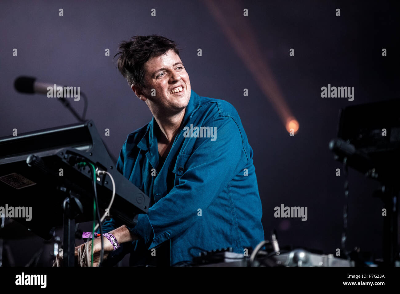 Denmark, Roskilde - July 5, 2018. The Colombian electronic music act El Leopardo performs a live concert during the Danish music festival Roskilde Festival 2018. Here musician and composer Dani Boom is seen live on stage. (Photo credit: Gonzales Photo - Peter Troest). Credit: Gonzales Photo/Alamy Live News Stock Photo