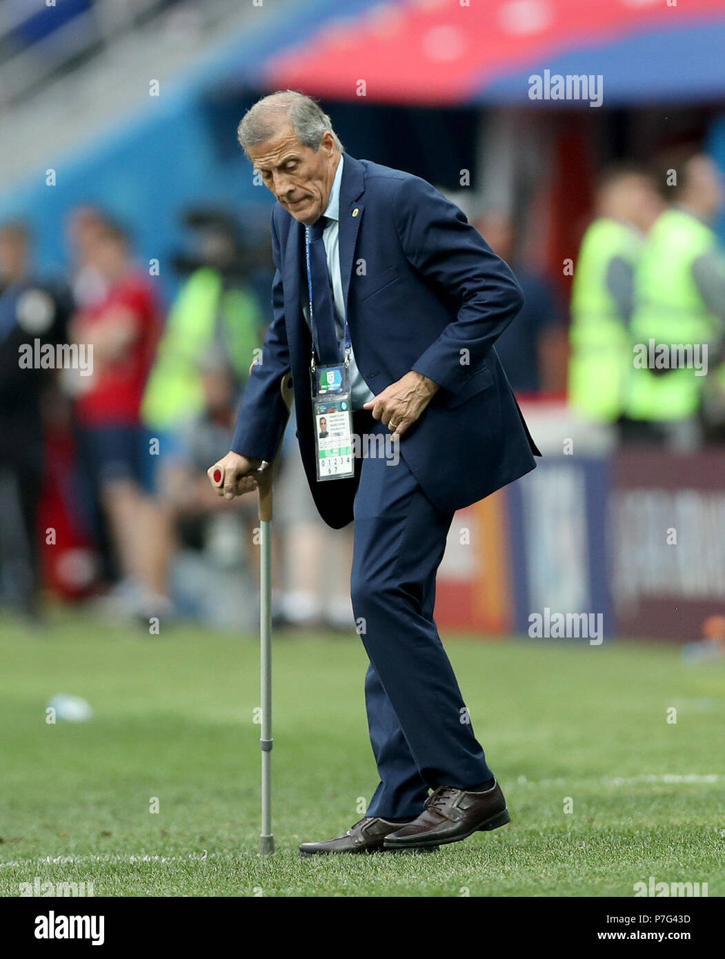 Nizhny Novgorod, Russia. 6th July, 2018. Head coach Oscar Tabarez of Uruguay is seen during the 2018 FIFA World Cup quarter-final match between Uruguay and France in Nizhny Novgorod, Russia, July 6, 2018. France won 2-0 and advanced to the semi-finals. Credit: Fei Maohua/Xinhua/Alamy Live News Stock Photo