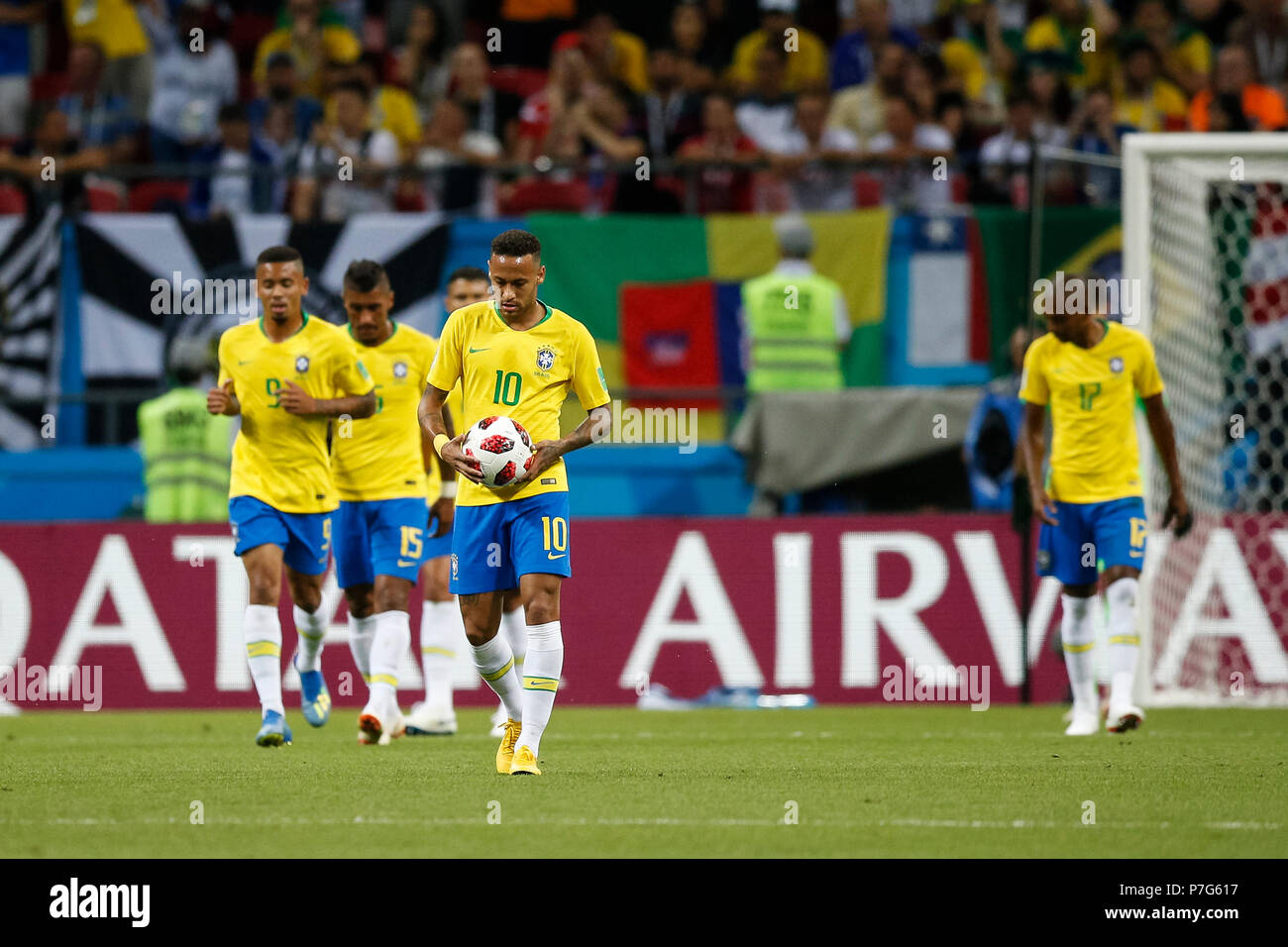 Kazan, Russia. 6th July 2018. Neymar of Brazil looks dejected after his side concede their first goal to make the score 1-0 during the 2018 FIFA World Cup Quarter Final match between Brazil and Belgium at Kazan Arena on July 6th 2018 in Kazan, Russia. Credit: PHC Images/Alamy Live News Stock Photo