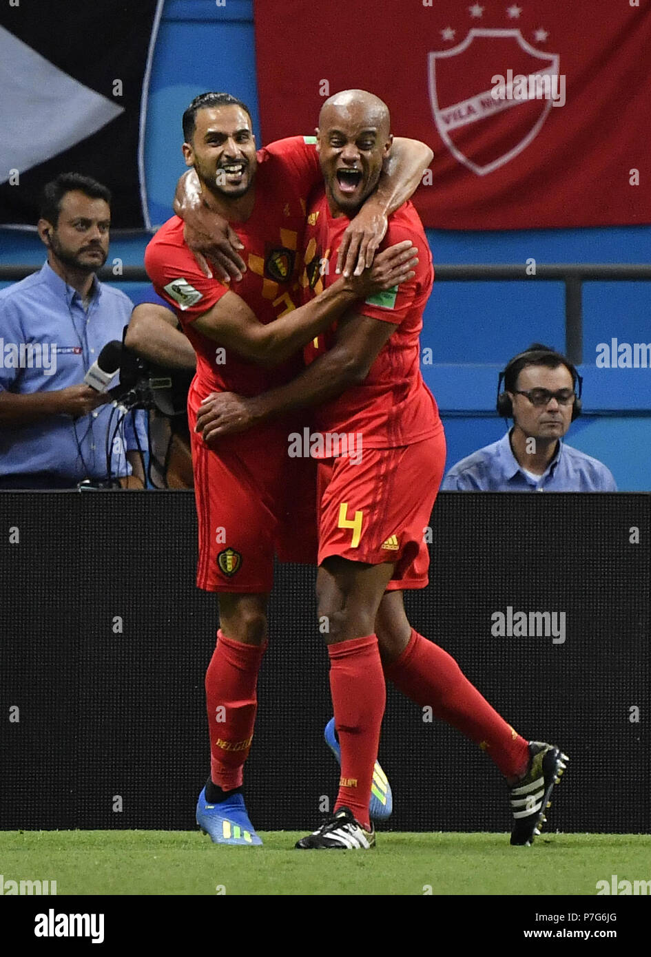 Kazan, Russia. 6th July, 2018. Nacer Chadli (L) and Vincent Kompany of Belgium celebrate during the 2018 FIFA World Cup quarter-final match between Brazil and Belgium in Kazan, Russia, July 6, 2018. Credit: He Canling/Xinhua/Alamy Live News Stock Photo