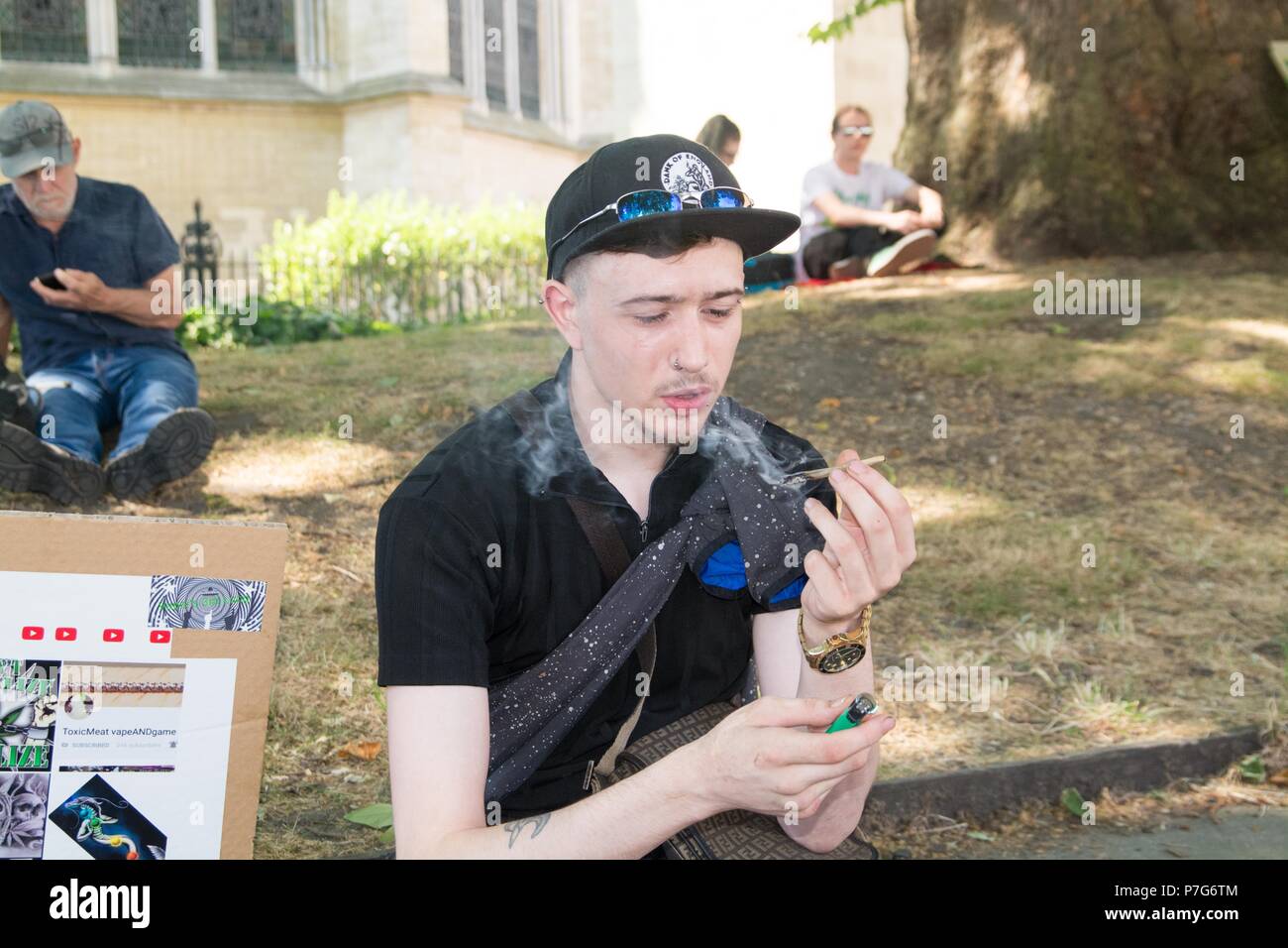 London, UK. 6th July 2018. , cannabis for medical use supporters , rallied  to support a second reading of MP Paul Flynn bill to legalize the medicinal use of cannabis . the bill was postponed , so in defiance members took the protest a little further to downing street . one man was arrested for assault during a altercation with members over the sale of fake cannabis oil. Credit: Philip Robins/Alamy Live News Stock Photo