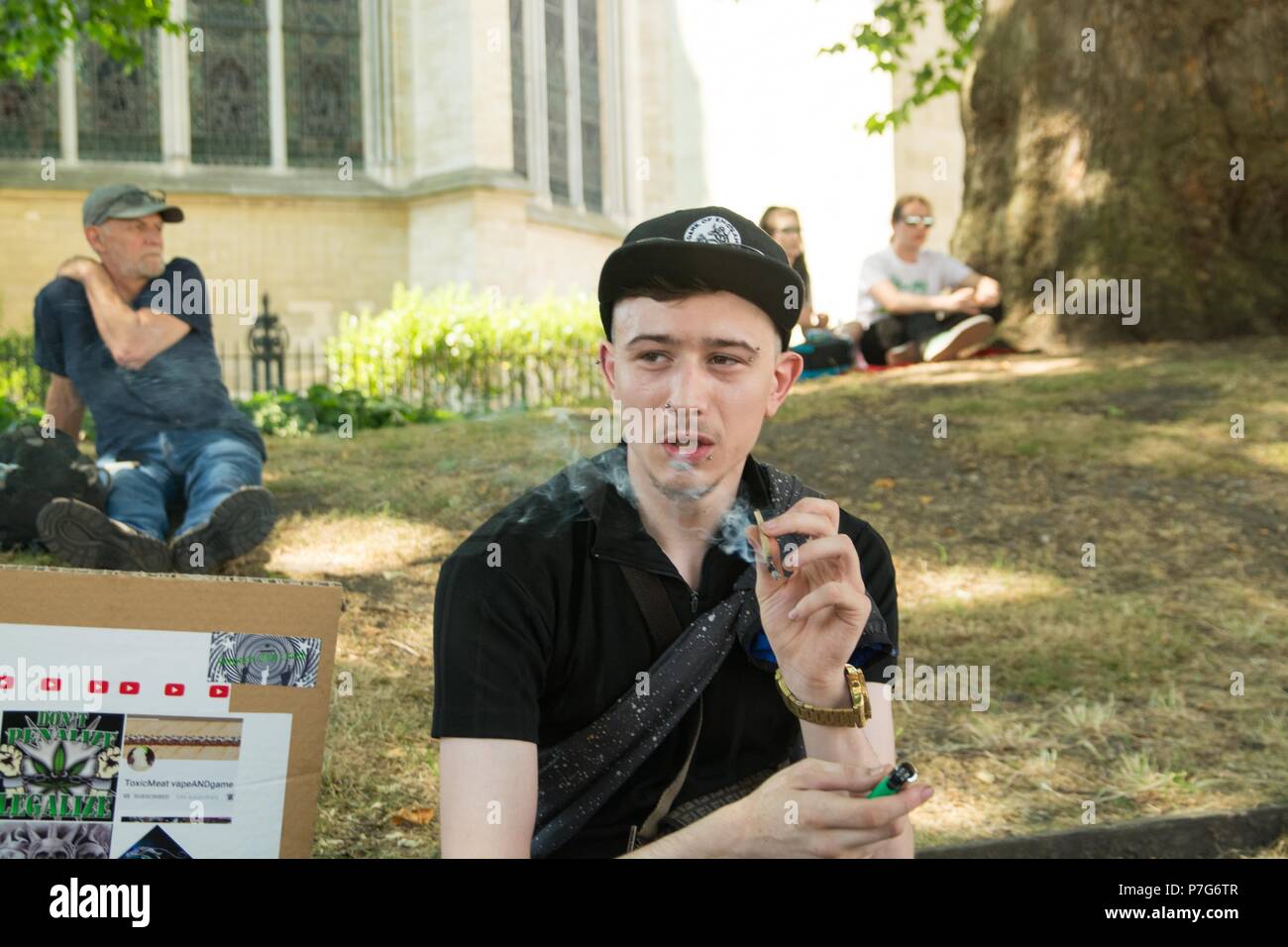 London, UK. 6th July 2018. , cannabis for medical use supporters , rallied  to support a second reading of MP Paul Flynn bill to legalize the medicinal use of cannabis . the bill was postponed , so in defiance members took the protest a little further to downing street . one man was arrested for assault during a altercation with members over the sale of fake cannabis oil. Credit: Philip Robins/Alamy Live News Stock Photo