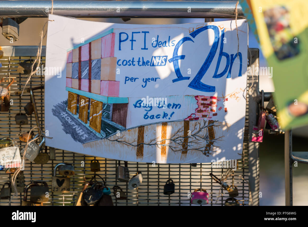 Bristol, UK. 6th July 2018. Pero's Bridge in Bristol has been decorated by locals with birthday cards and messages celebrating the NHS in honour of it's 70th birthday.  Credit Paul Hennell / Alamy Live News Stock Photo